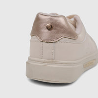 PC Ladies Casual Sneaker PCL11017 in beige, featuring a low-top design with rose gold metallic heel accents, rear angled