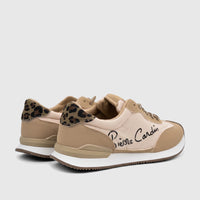 PC Ladies Casual Sneaker PCL11003 in beige and tan with leopard print accents, shown from a rear-side view.