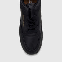 A black Pierre Cardin laced casual sneaker, presented from a front-facing perspective.