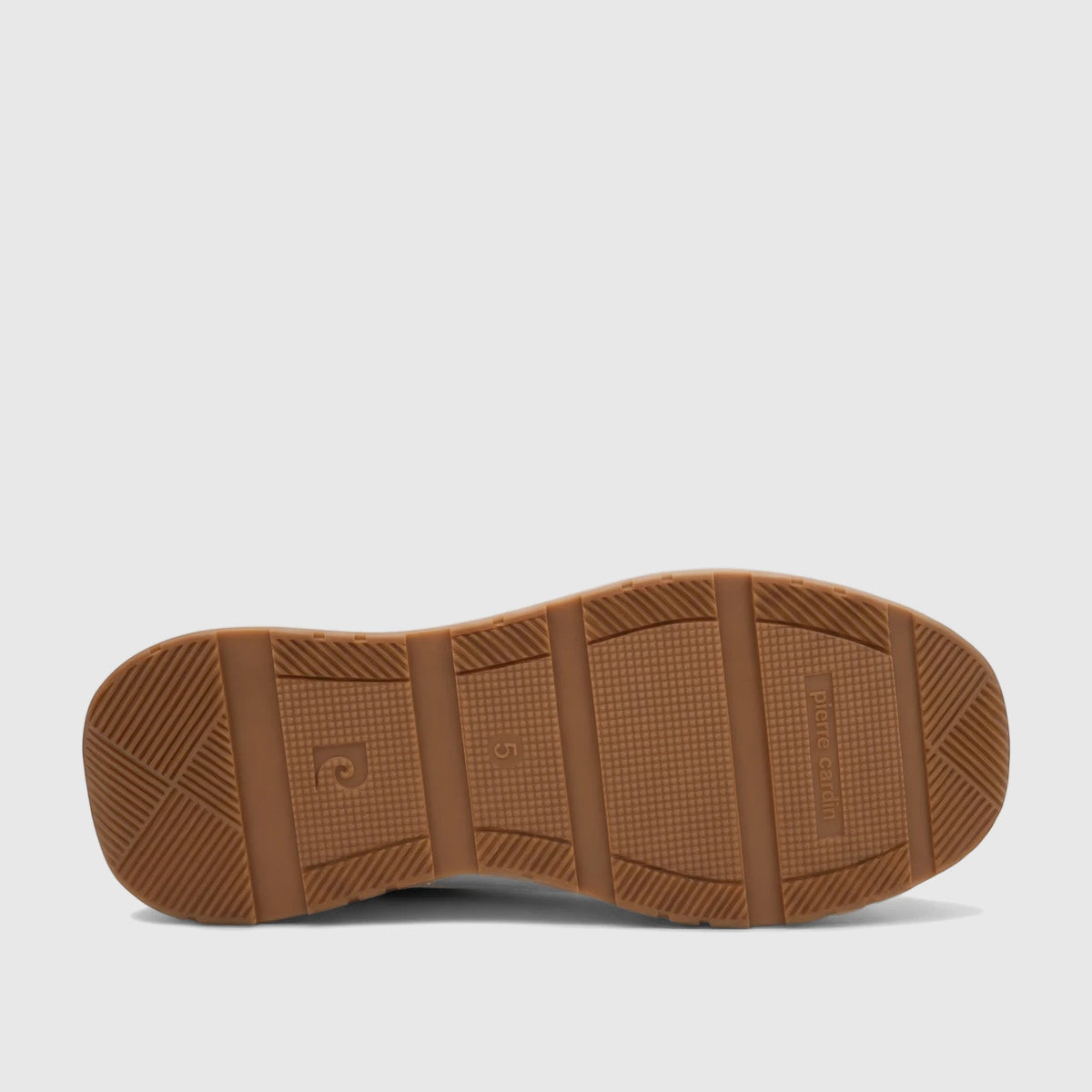 Underside view of a PC Ladies Casual Sneaker with a brown, textured sole featuring Pierre Cardin branding and a numerical