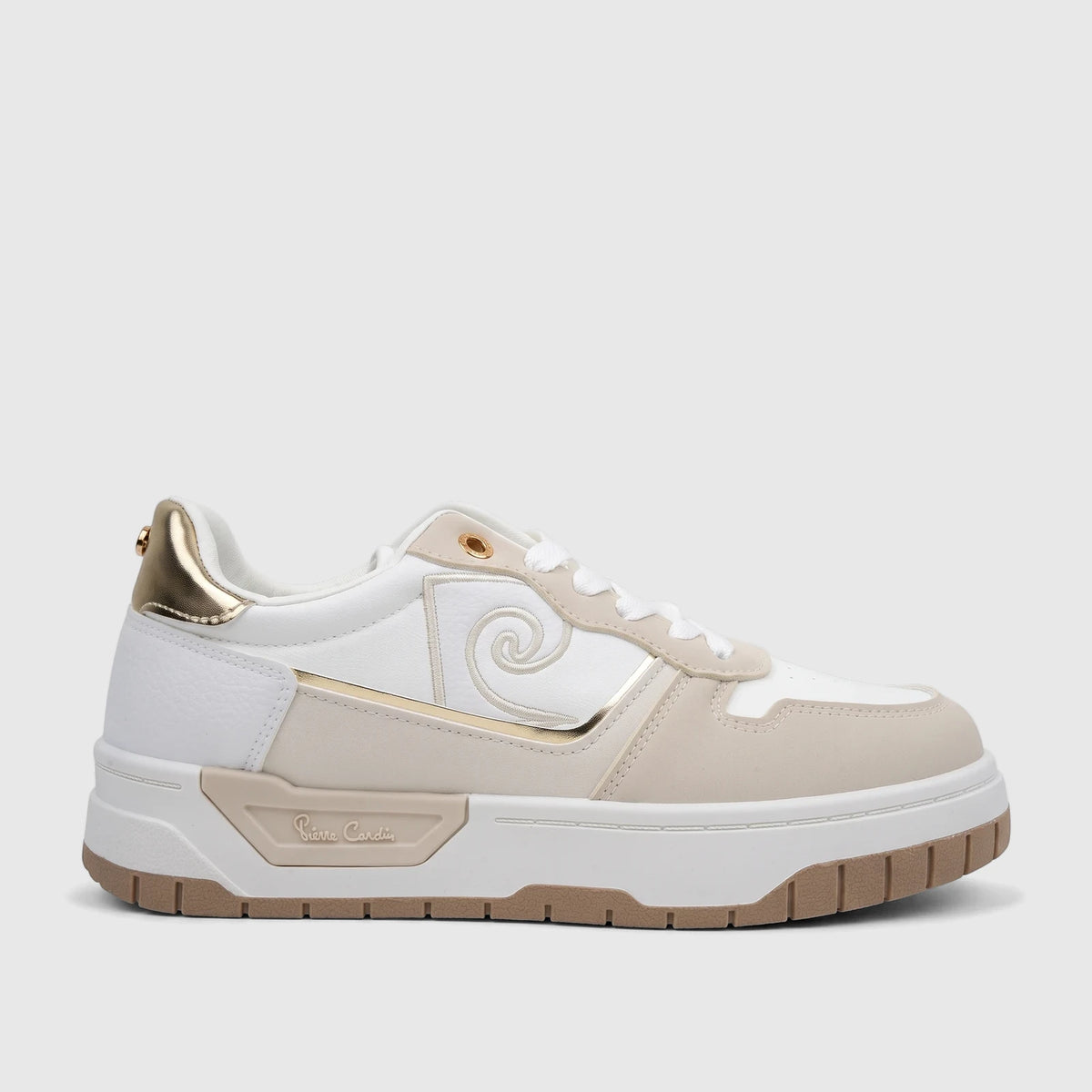 PC Ladies Casual Sneaker PCL11001 in white and beige with metallic gold accents, shown in a stylish side view.