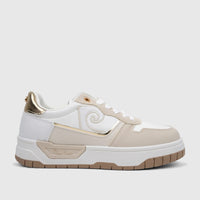 PC Ladies Casual Sneaker PCL11001 in white and beige with metallic gold accents, shown in a stylish side view.