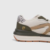 Close-up side view of a PC Ladies Casual Sneaker PCL11002. Beige and olive upper with gold accents and a leopard print heel