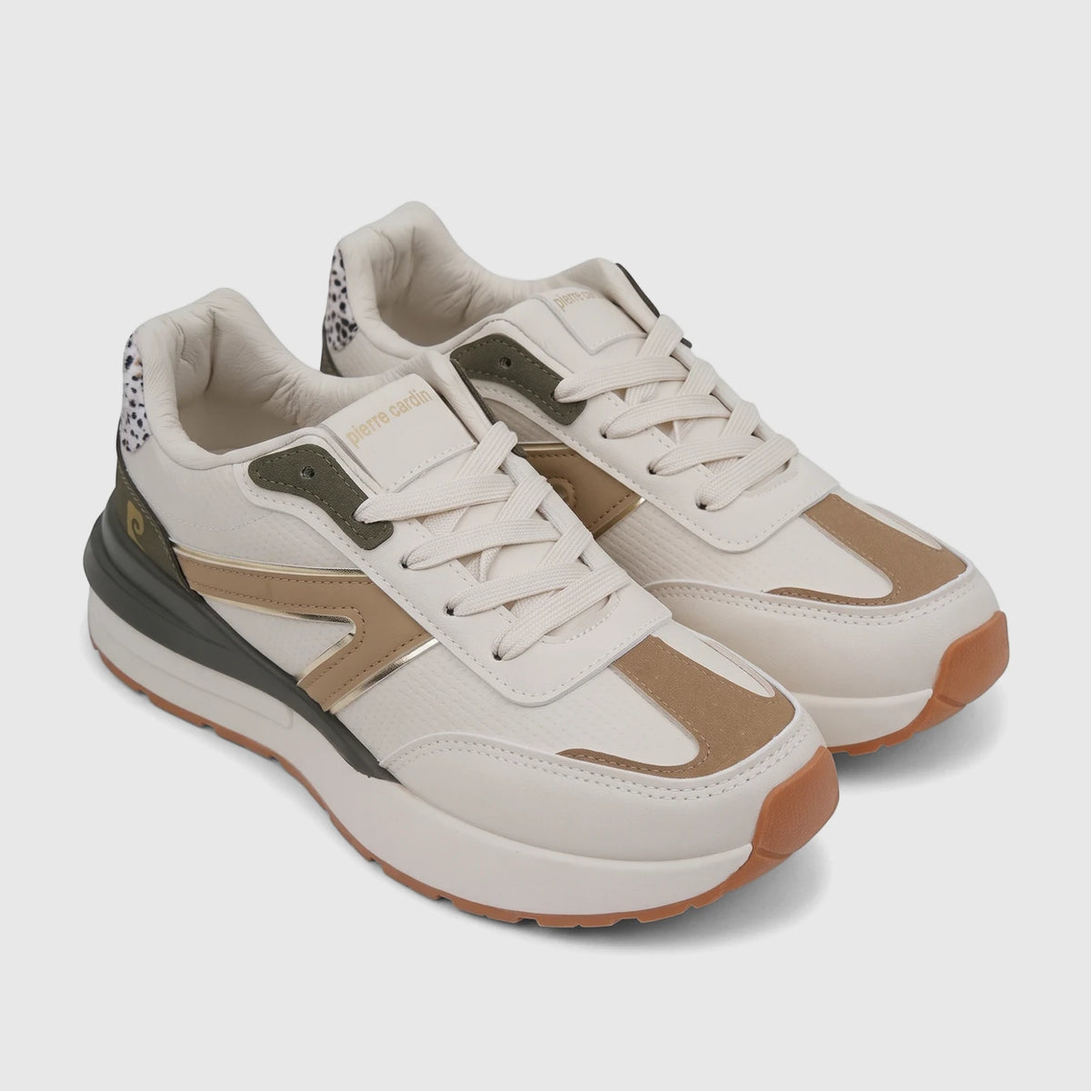 Pair of PC Ladies Casual Sneaker PCL11002 in beige and olive with gold accents, leopard print, and rubber soles, viewed from