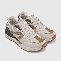 Pair of PC Ladies Casual Sneaker PCL11002 in beige and olive with gold accents, leopard print, and rubber soles, viewed from