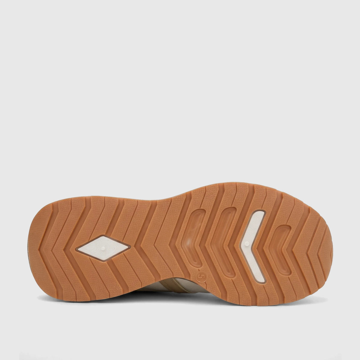 Bottom view of a PC Ladies Casual Sneaker sole, PCL11002, featuring a beige and white ridged traction pattern.