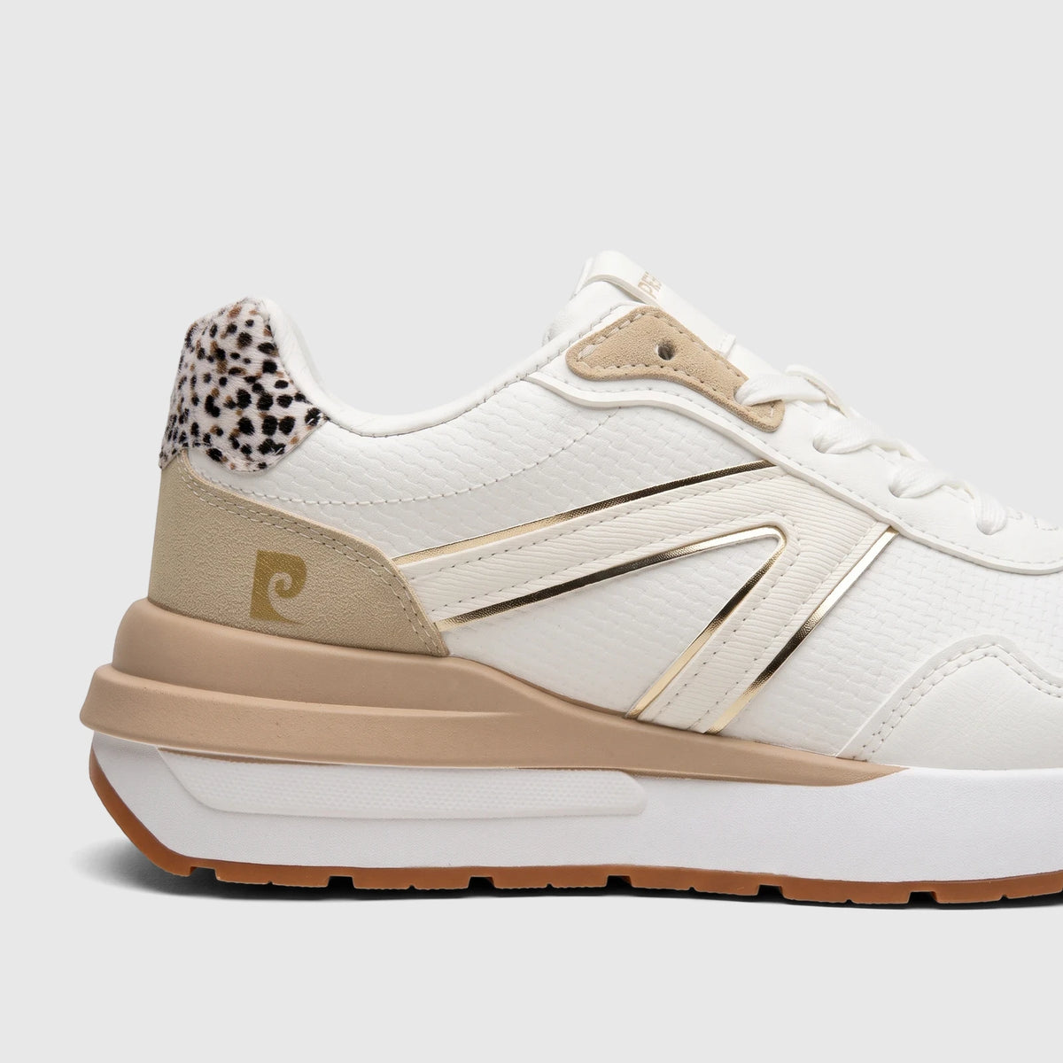 PC Ladies Casual Sneaker PCL11002 in white with beige and gold accents and a distinctive leopard print heel detail, side