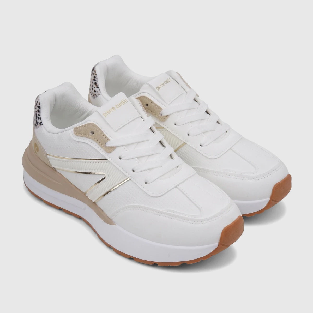 Pair of Pierre Cardin PCL11002 ladies' casual sneakers in white with beige, gold, and leopard print accents.