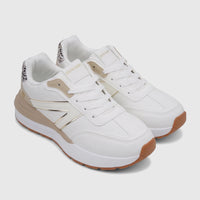 Pair of Pierre Cardin PCL11002 ladies' casual sneakers in white with beige, gold, and leopard print accents.