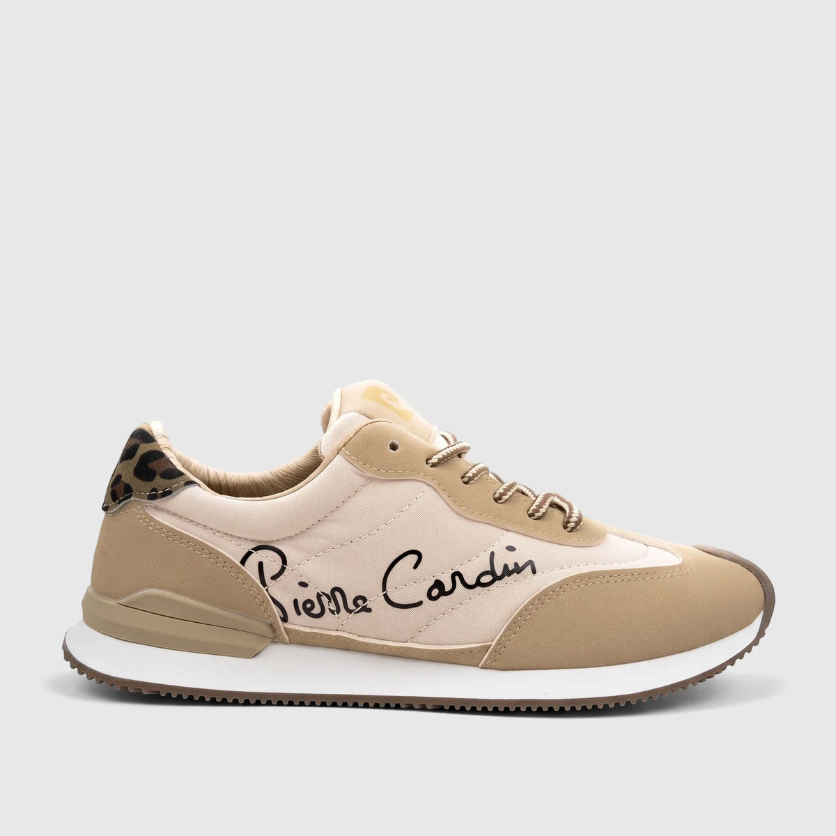 PC Ladies Casual Sneaker PCL11003 in beige and tan with white sole, leopard print heel, and Pierre Cardin logo, side view.