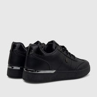 Pair of black PC Ladies Casual Sneakers PCL11006 with metal trim on the sole, shown from a rear-right perspective.