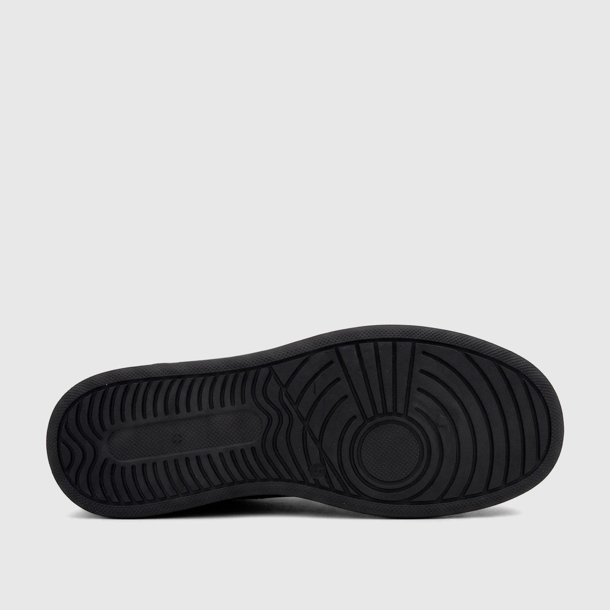 Bottom view of a black PC Ladies Casual Sneaker PCL11006 PC410, showing the patterned sole and tread.