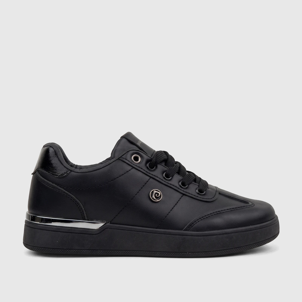 Black PC Ladies Casual Sneaker PCL11006 made of synthetic leather, presented in a side profile view on a flat surface.