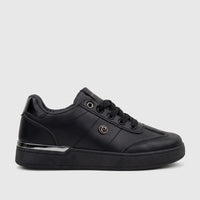 Black PC Ladies Casual Sneaker PCL11006 made of synthetic leather, presented in a side profile view on a flat surface.