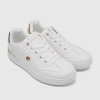 A pair of white PC Ladies Casual Sneakers PCL11006 with elegant gold accents and white laces, designed for comfort and style.