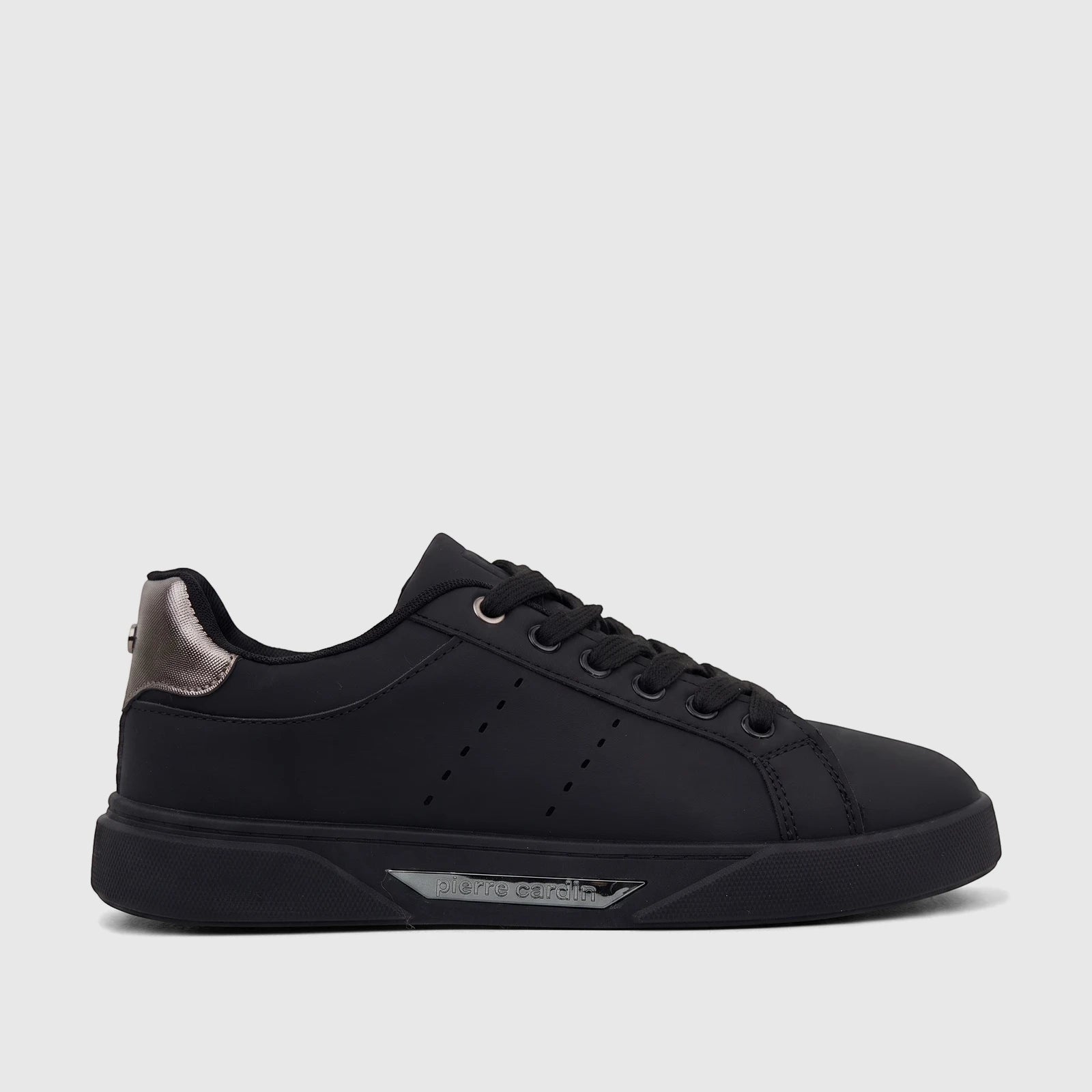 Black PC Ladies Casual Sneaker PCL11017 with a matte finish, black laces, and silver heel accent, presented in a side