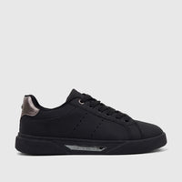 Black PC Ladies Casual Sneaker PCL11017 with a matte finish, black laces, and silver heel accent, presented in a side