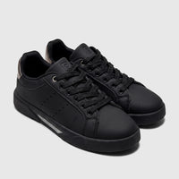 A pair of black PC Ladies Casual Sneakers PCL11017, featuring black laces, silver accents on the heel, and a side sole logo.