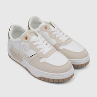 Pair of PC Ladies Casual Sneakers in white and beige with gold accents, featuring a chunky sole and white laces.