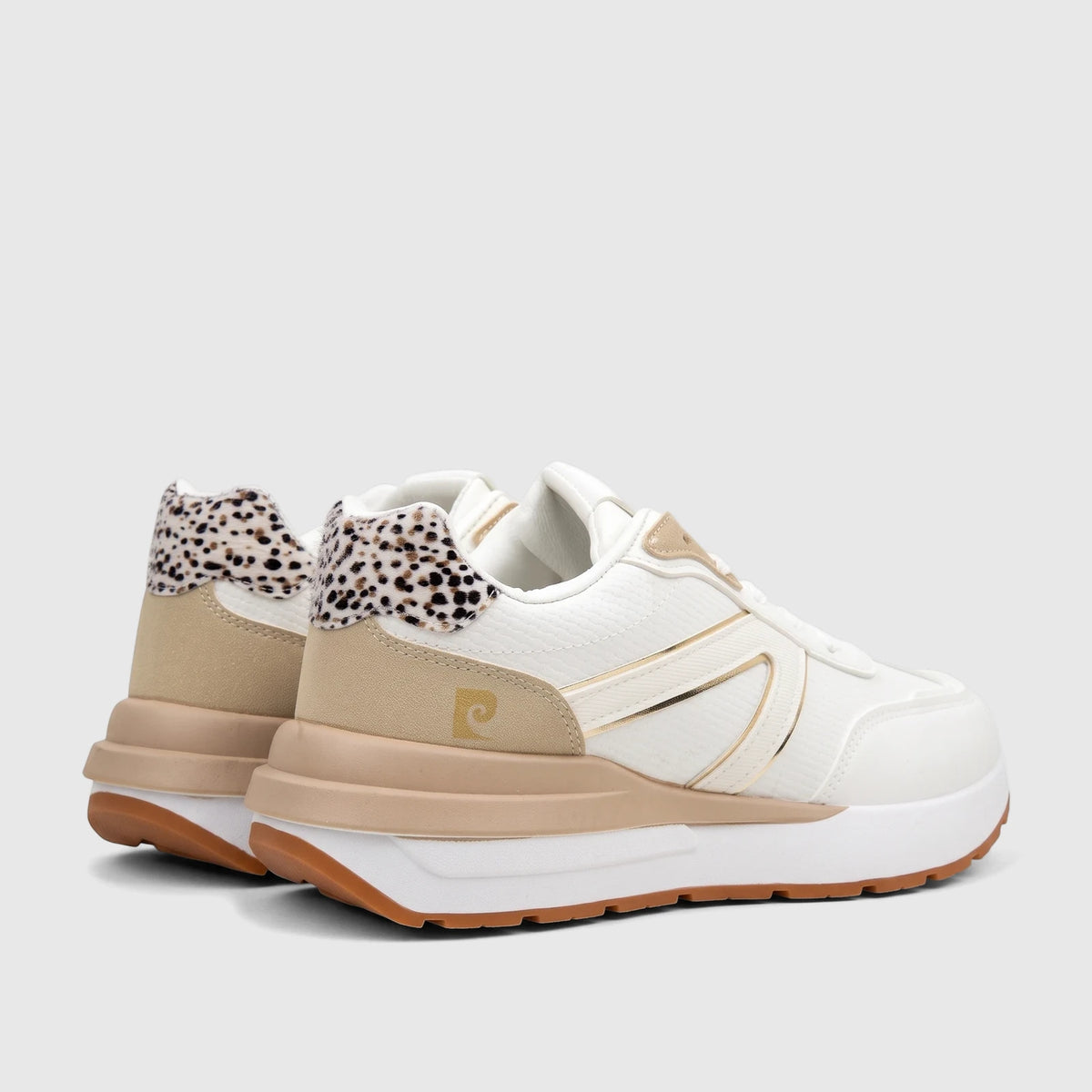 PC Ladies Casual Sneaker PCL11002 White Denim PC408, featuring white and beige panels with leopard print details, viewed