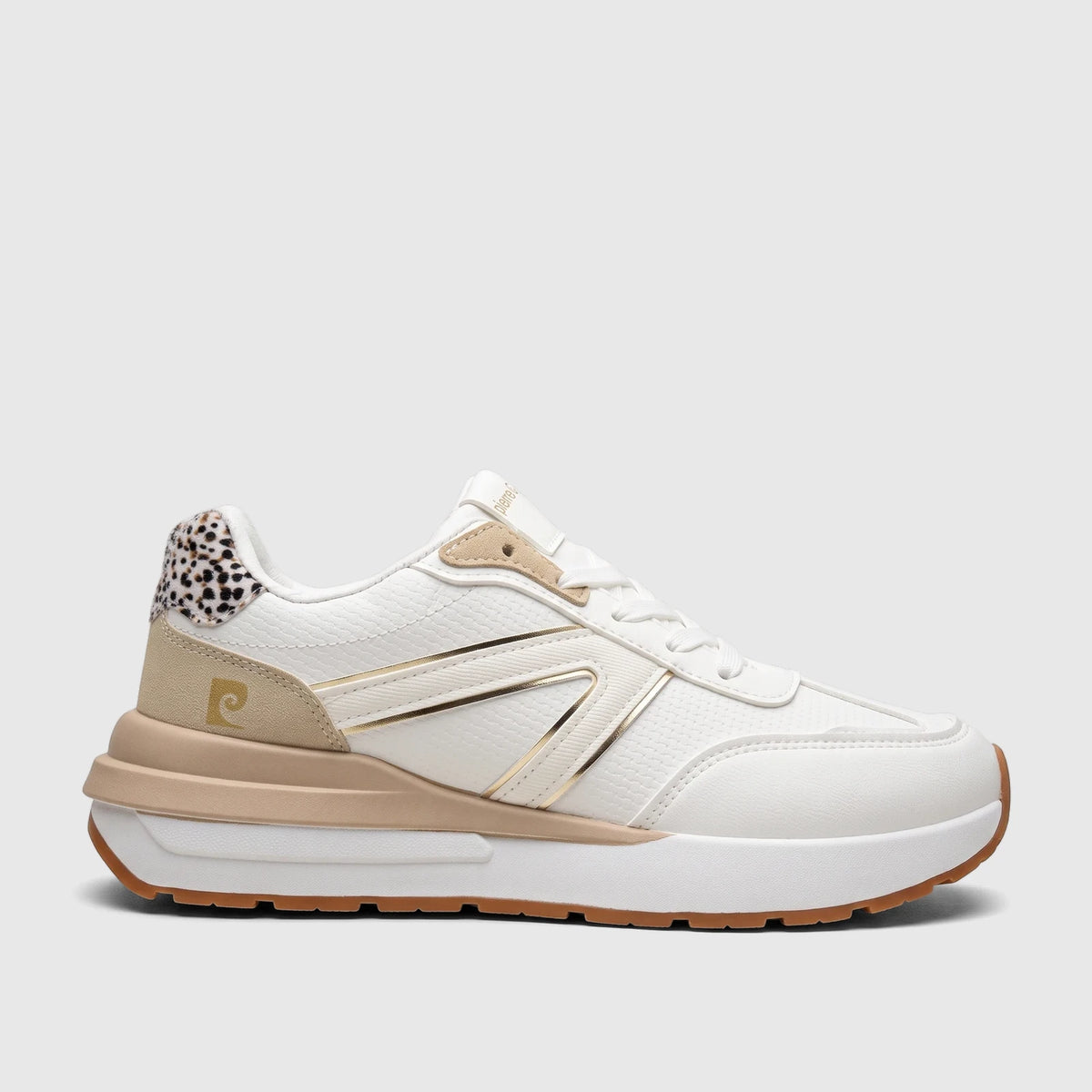 White and beige PC Ladies Casual Sneaker with gold accents, a leopard print heel, and brown sole, viewed from the side.