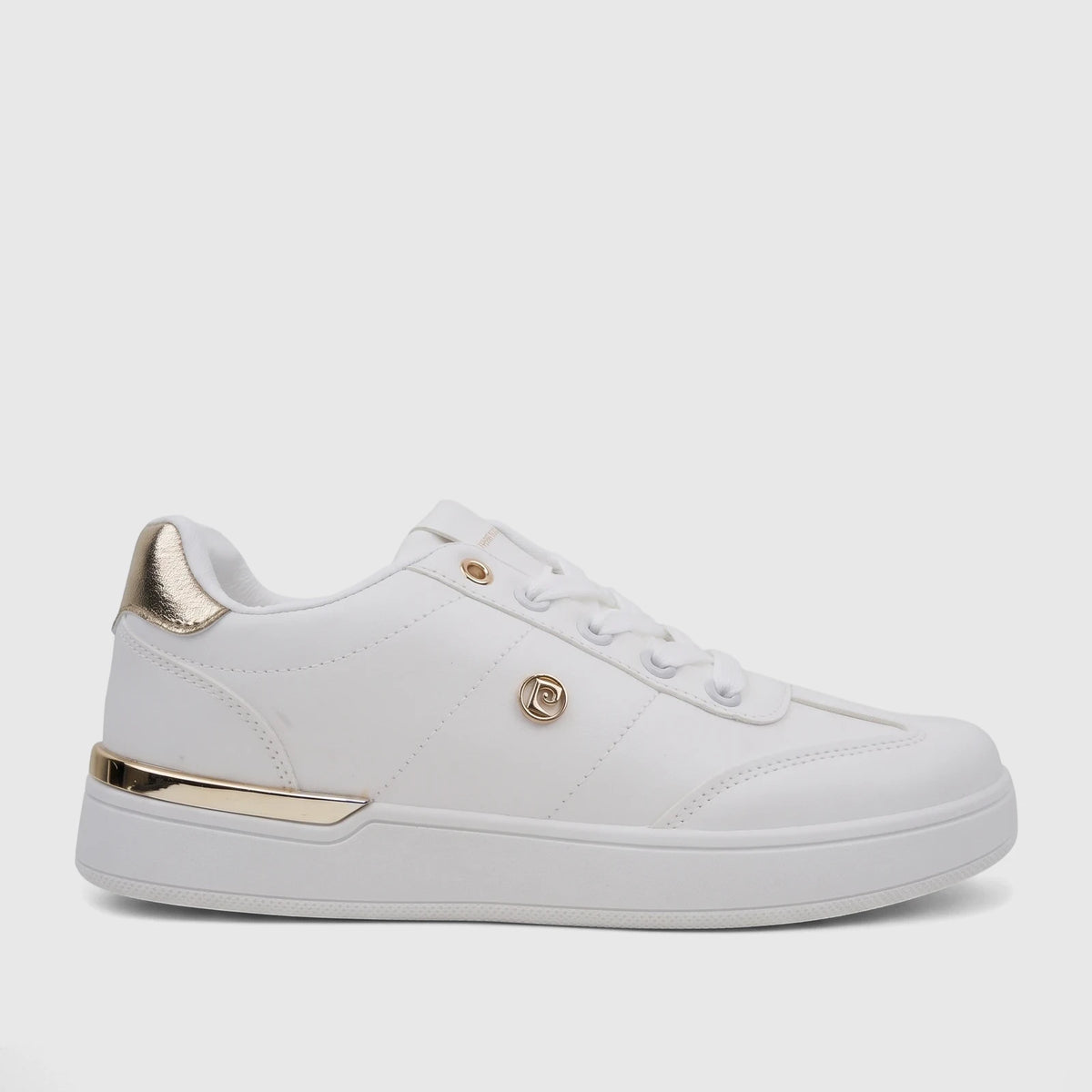 White PC Ladies Casual Sneaker with gold accents and white laces, shown from the side against a clean background.