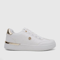 White PC Ladies Casual Sneaker with gold accents and white laces, shown from the side against a clean background.