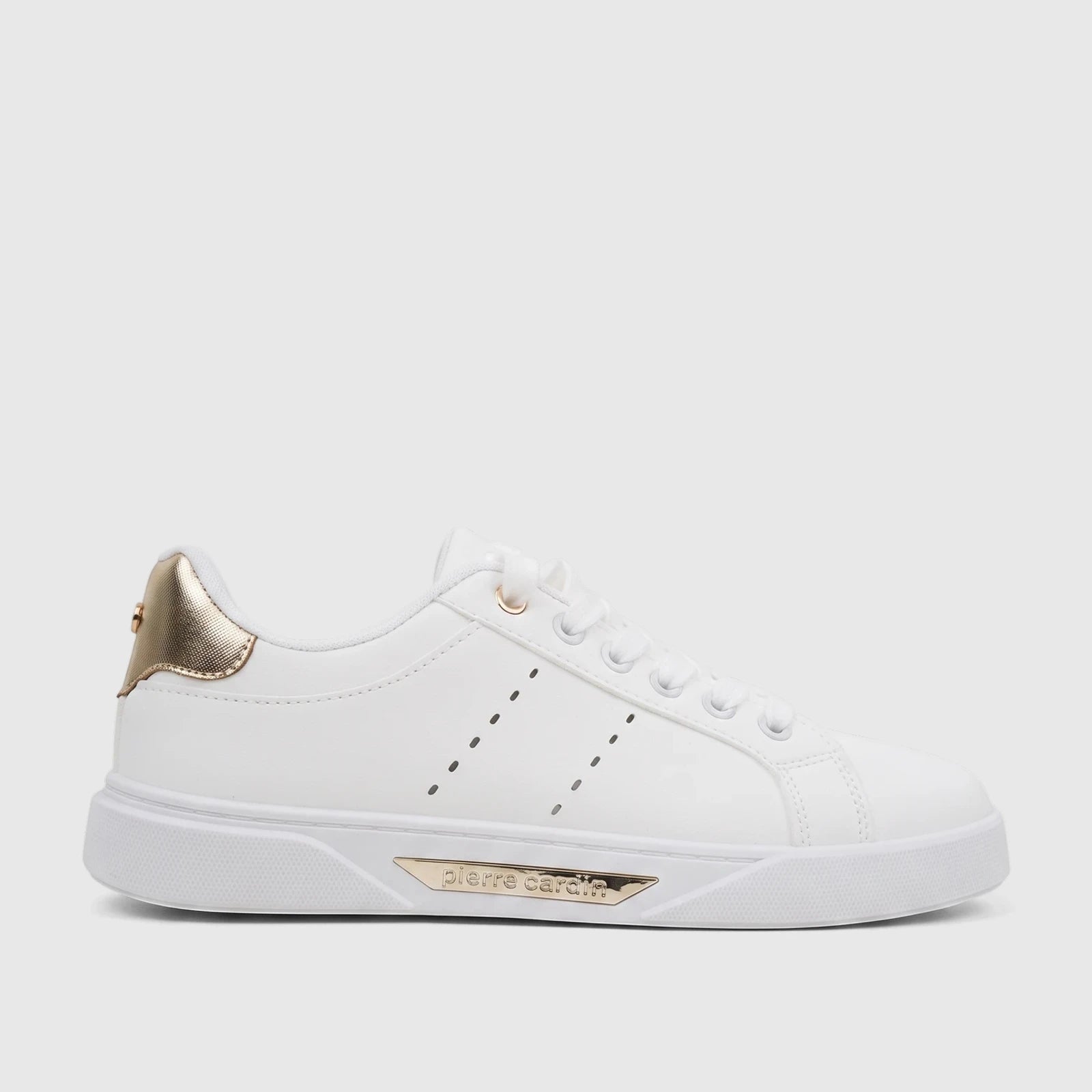 White Pierre Cardin ladies' casual sneakers with gold heel accents, visible laces, and the brand logo on the side.