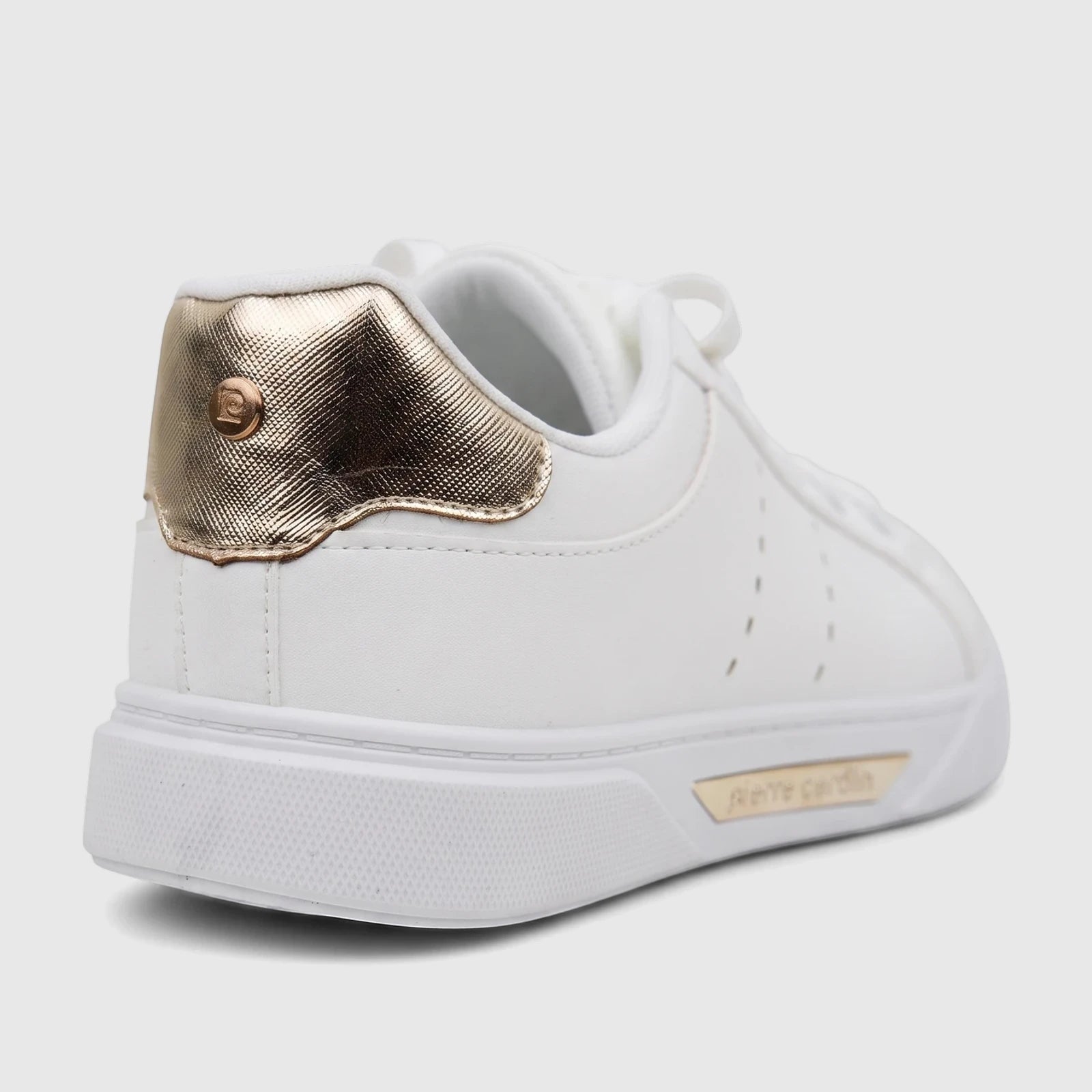 White PC Ladies Casual Sneaker with a gold metallic heel detail and white laces, shown from a side-back view.
