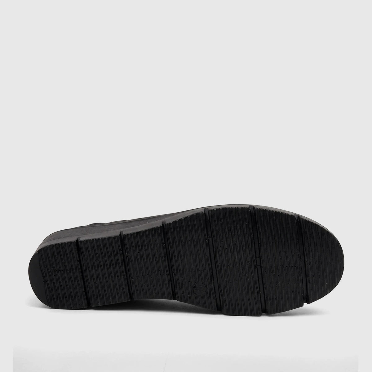 Black PC Ladies Casual Wedge shoe, sole view, featuring a textured platform and a size marking visible on the bottom.