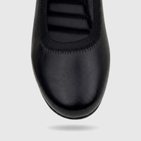 Close-up top-down view of a black PC Ladies Comfort Pump shoe made of faux leather, featuring an elasticized opening and