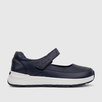 Navy blue leather PC Ladies Comfort Pump shoe, side view, featuring a white sole and perforated details.
