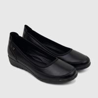 Pair of black PC Ladies Comfort Pump PCL10965 shoes, crafted from a leather-like material for everyday comfort.
