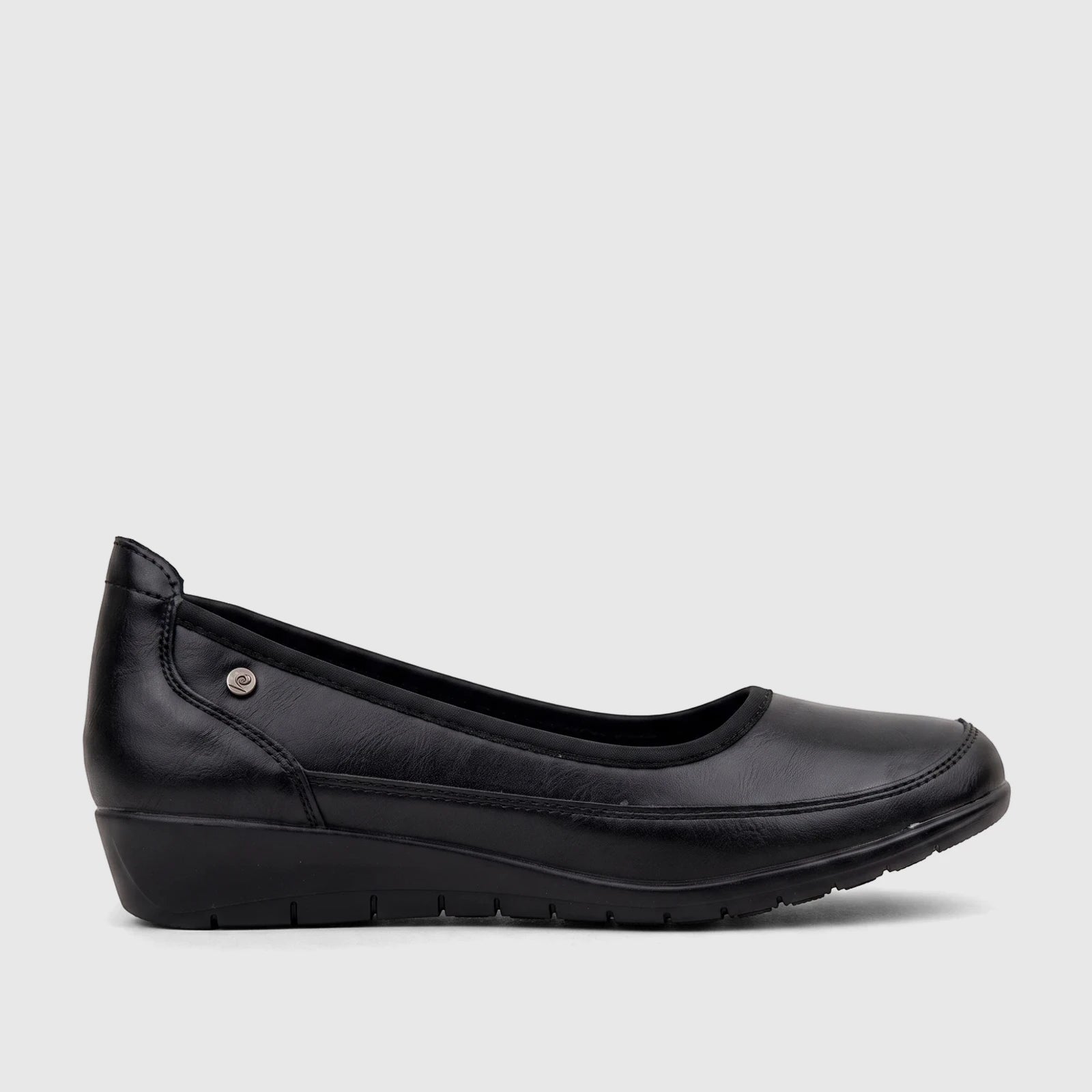 Black PC Ladies Comfort Pump shoe, PCL10965, made from a smooth leather-like material, shown in a side profile view.