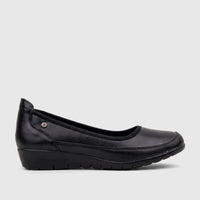 Black PC Ladies Comfort Pump shoe, PCL10965, made from a smooth leather-like material, shown in a side profile view.