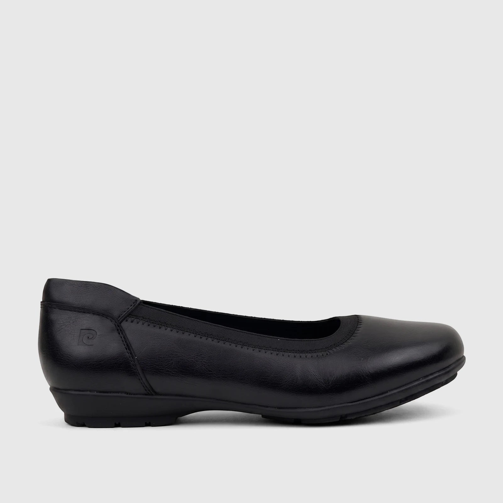 Black PC Ladies Comfort Pump shoe, shown in a side view. This comfortable women's pump features a smooth, matte finish and