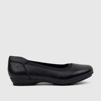 Black PC Ladies Comfort Pump shoe, shown in a side view. This comfortable women's pump features a smooth, matte finish and