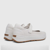 Rear-side view of white PC Ladies Comfort Pump PCL10986 shoes with tan soles and perforated details on a studio background.