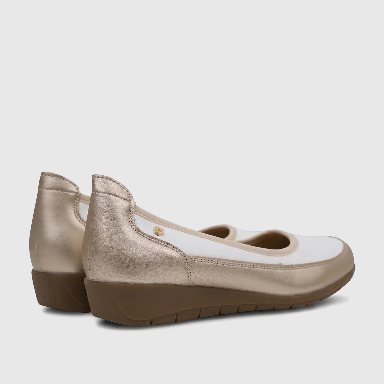 A pair of PC Ladies Comfort Pumps, PCL10965, in white and gold, viewed from a rear-side angle on a white background.