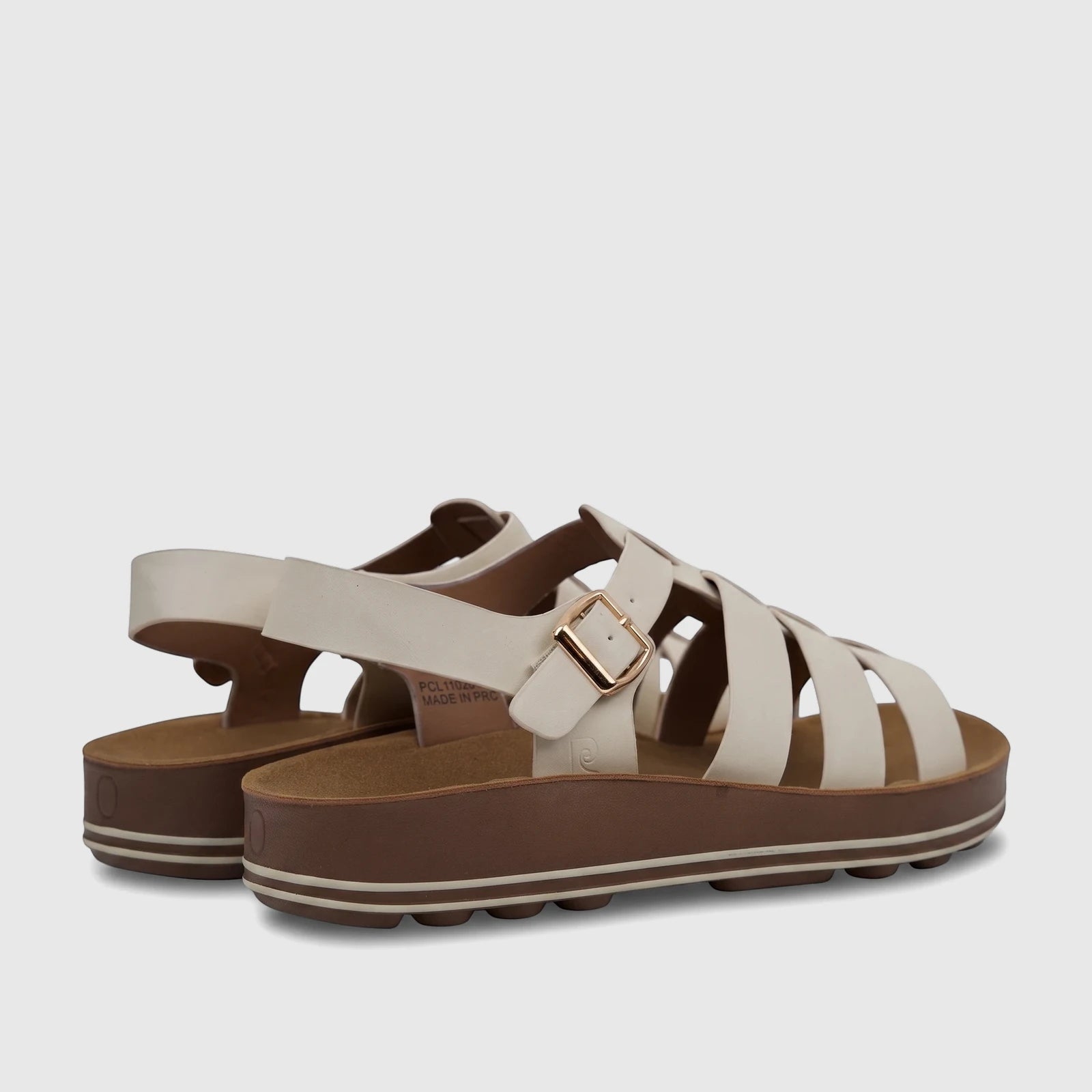PC Ladies Comfort Sandal PCL11020 in beige and brown, featuring a strappy design and platform sole, seen from a rear-quarter