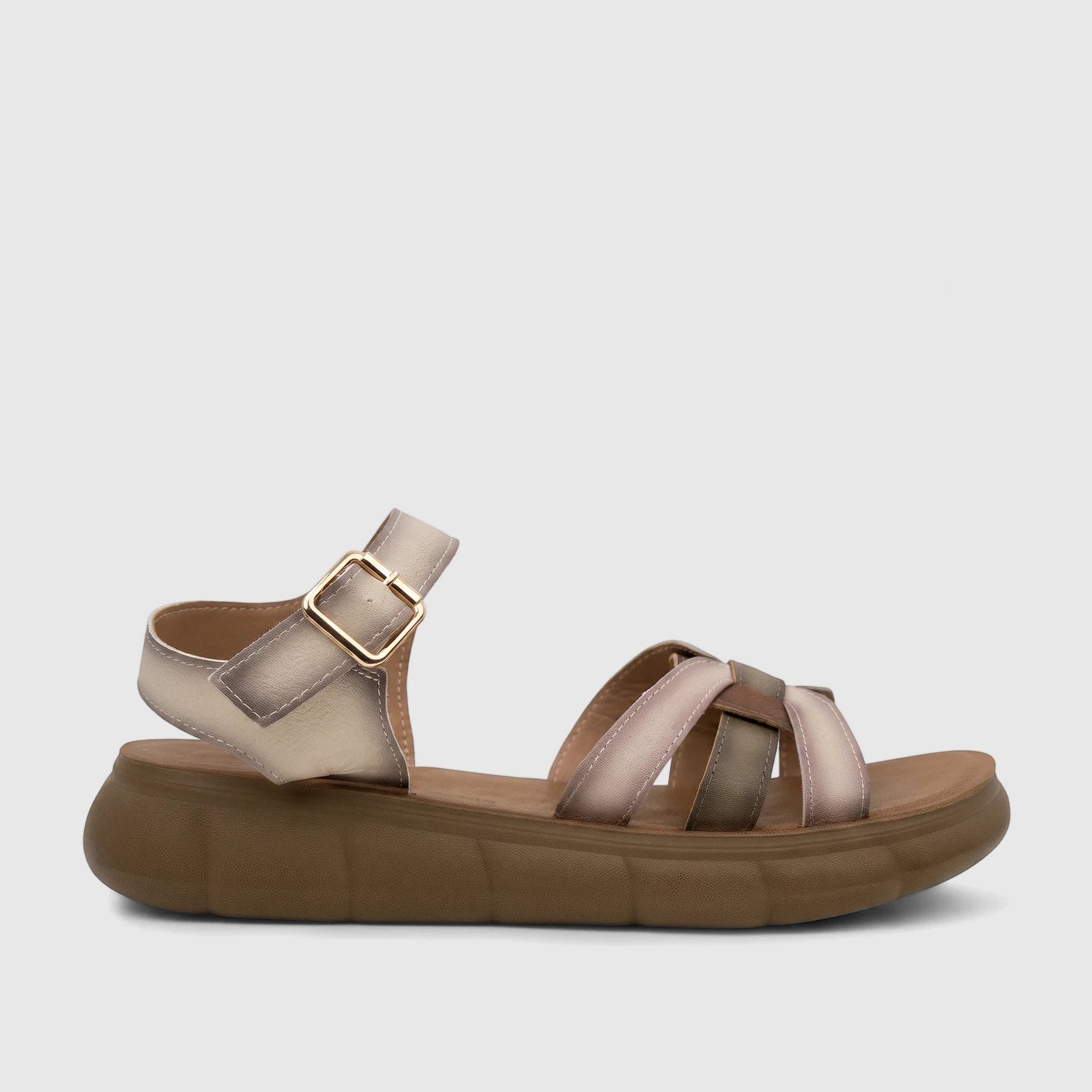 PC Ladies Comfort Sandal PCL10974, beige multi-colored, with a thick brown sole and gold buckle, side view.