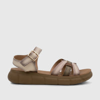 PC Ladies Comfort Sandal PCL10974, beige multi-colored, with a thick brown sole and gold buckle, side view.