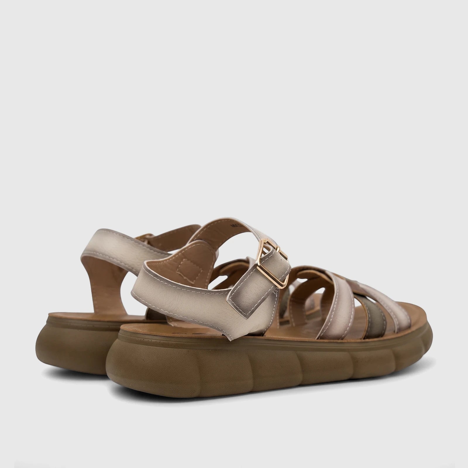 PC Ladies Comfort Sandal with beige and multi-colored straps, featuring gold buckles and a thick platform sole.