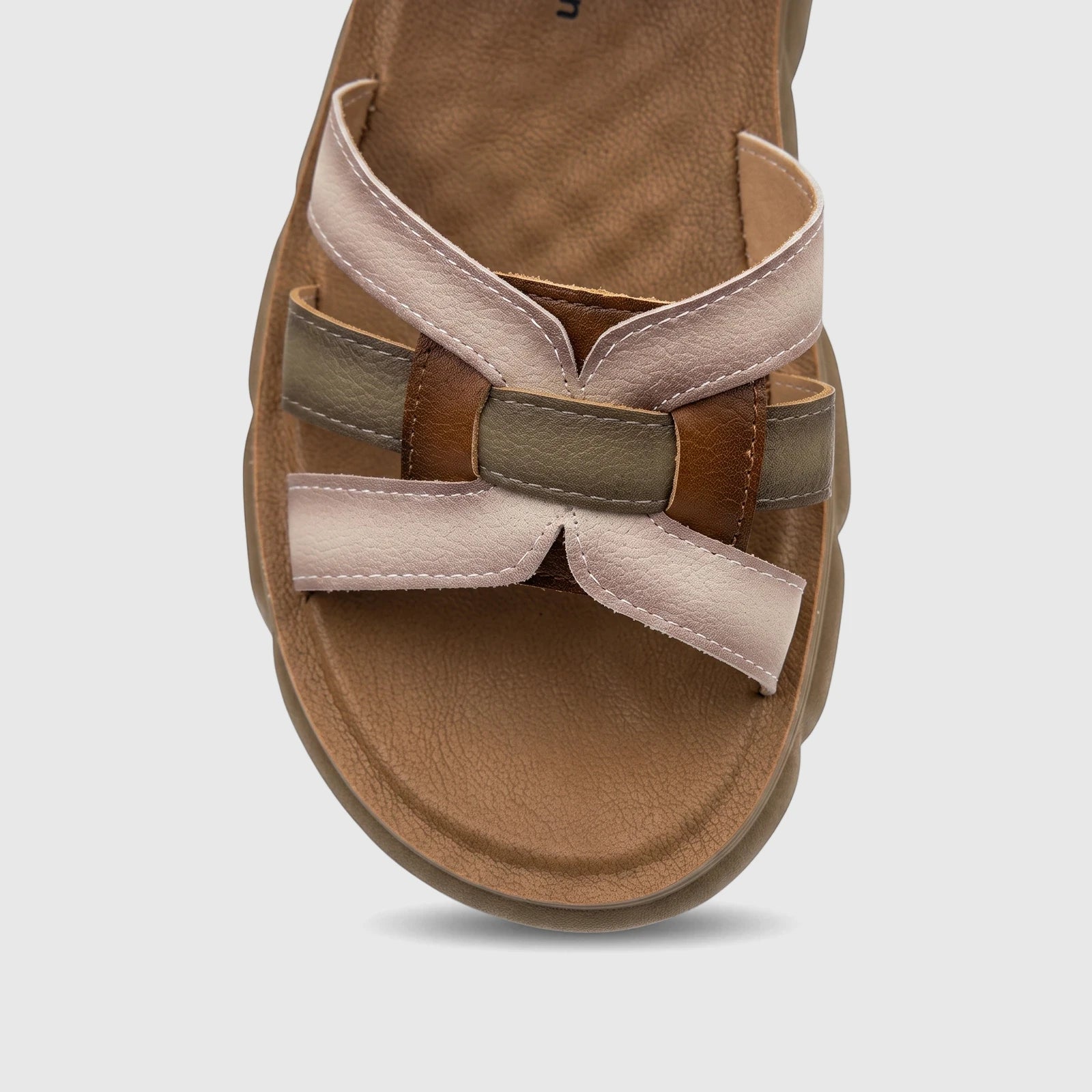 PC Ladies Comfort Sandal PCL10974 with beige, brown, and olive green multi-strap design, showcasing a comfortable footbed.
