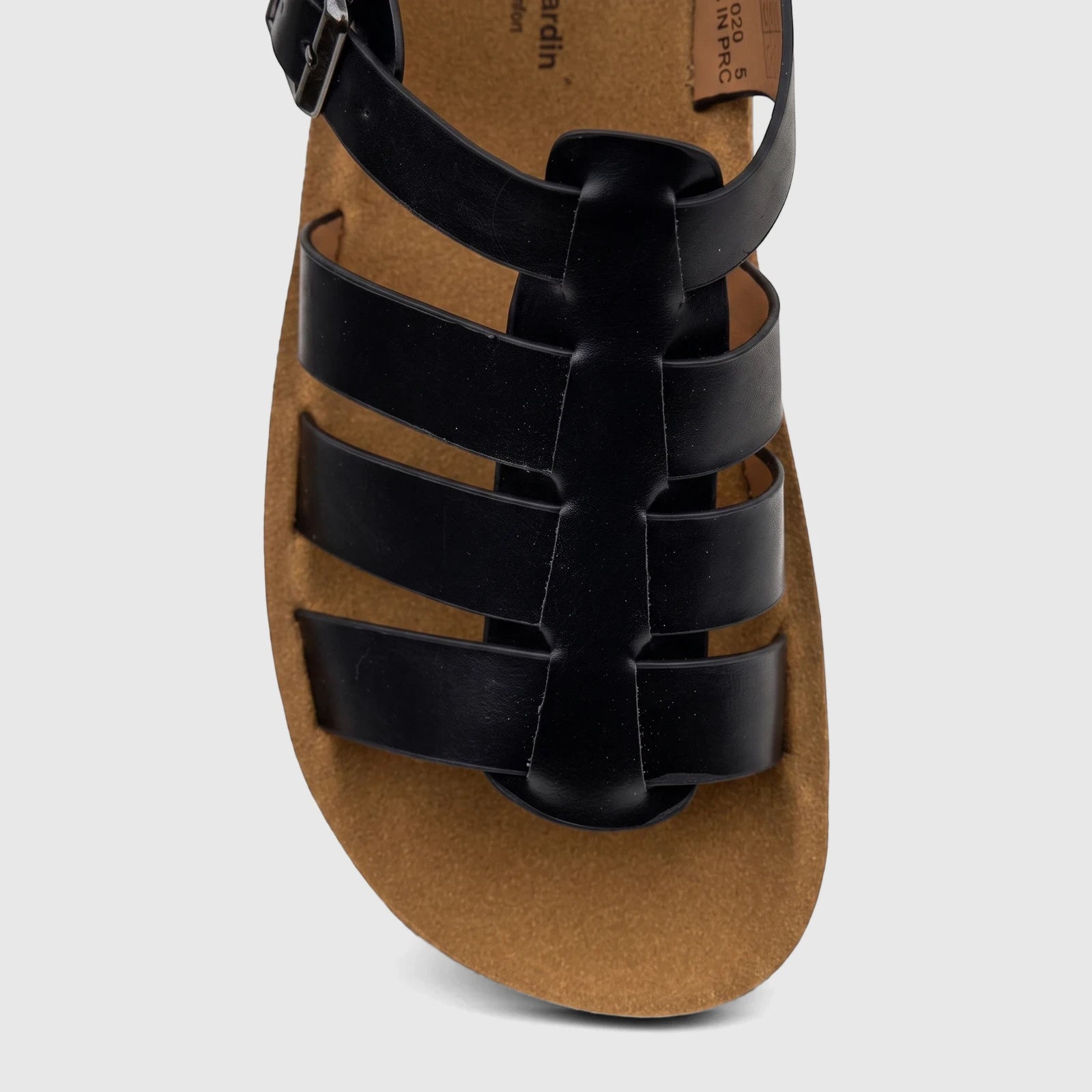 Black multi-strap ladies comfort sandal with a cork sole, featuring a buckle closure, viewed from the top. Model PCL11020.