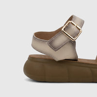 Beige multi PC Ladies Comfort Sandal PCL10974 with a platform sole and an adjustable ankle strap featuring a gold buckle.
