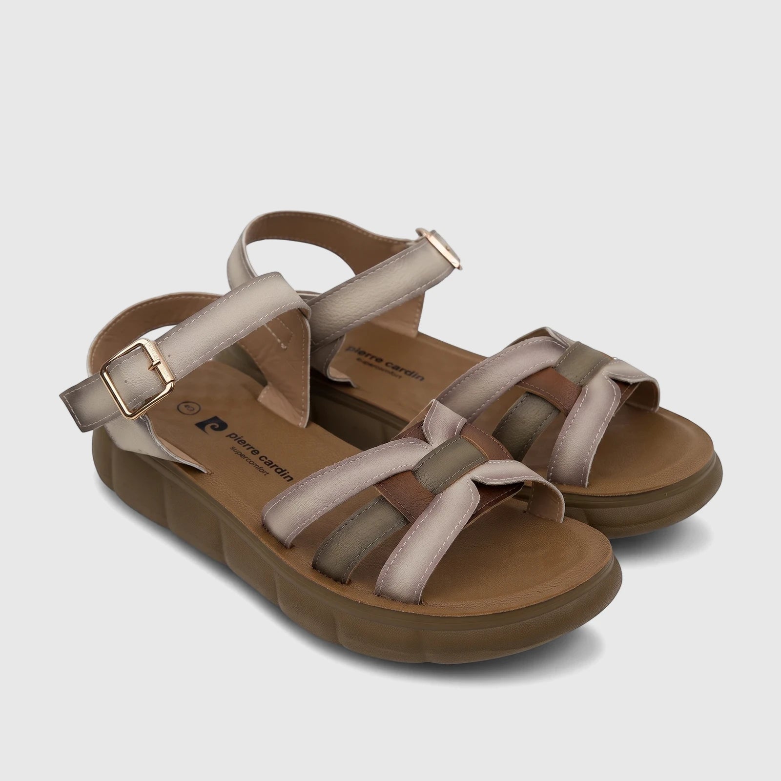 PC Ladies Comfort Sandal PCL10974 in beige and multi-color straps, featuring gold buckles and a comfortable brown sole.