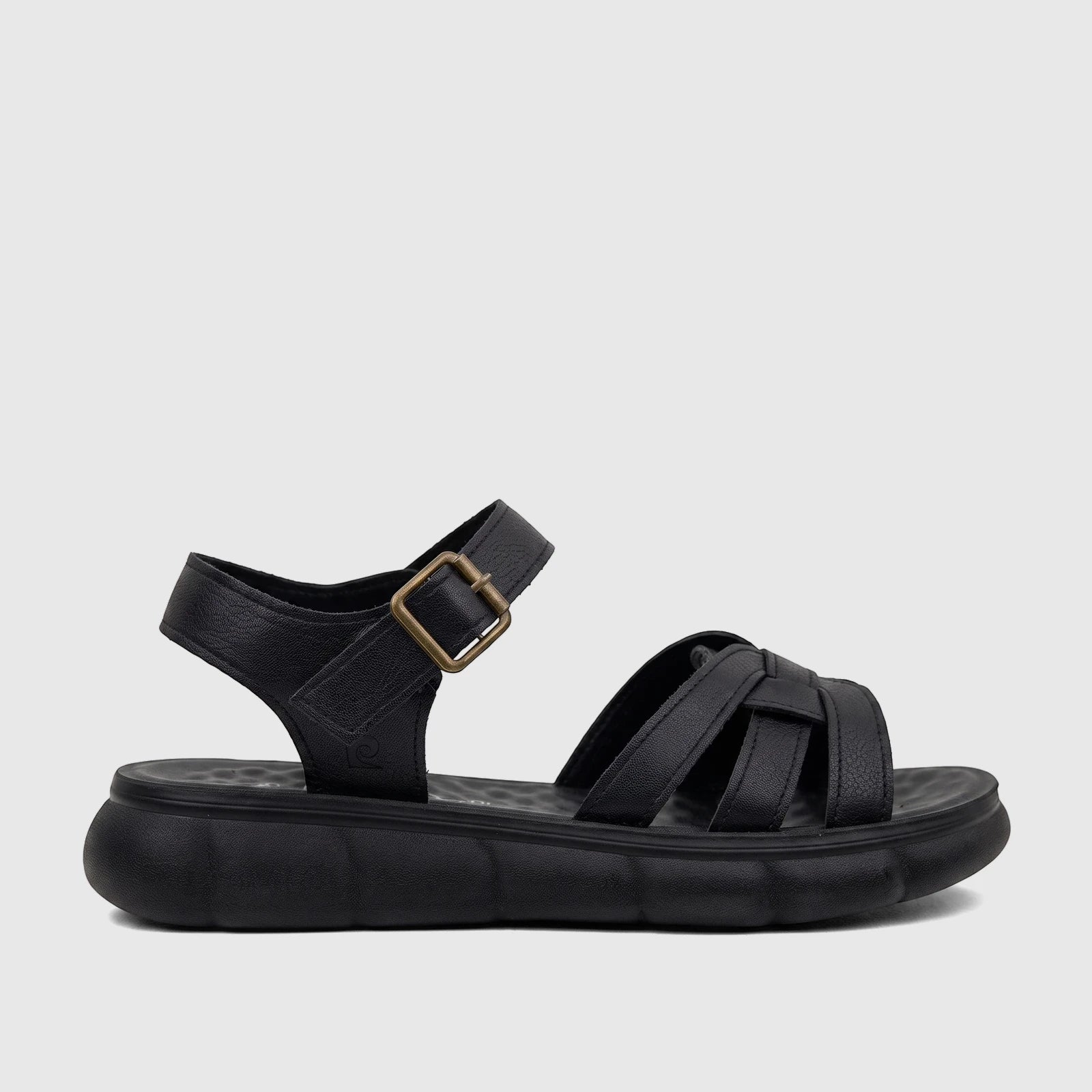 Black PC Ladies Comfort Sandal PCL10974 from a side view, featuring textured straps with a bronze buckle and a comfortable