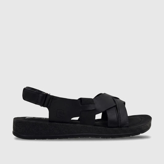 Black PC Ladies Comfort Sandal PCL10975 with crossed straps and an adjustable heel strap, shown in a side view.