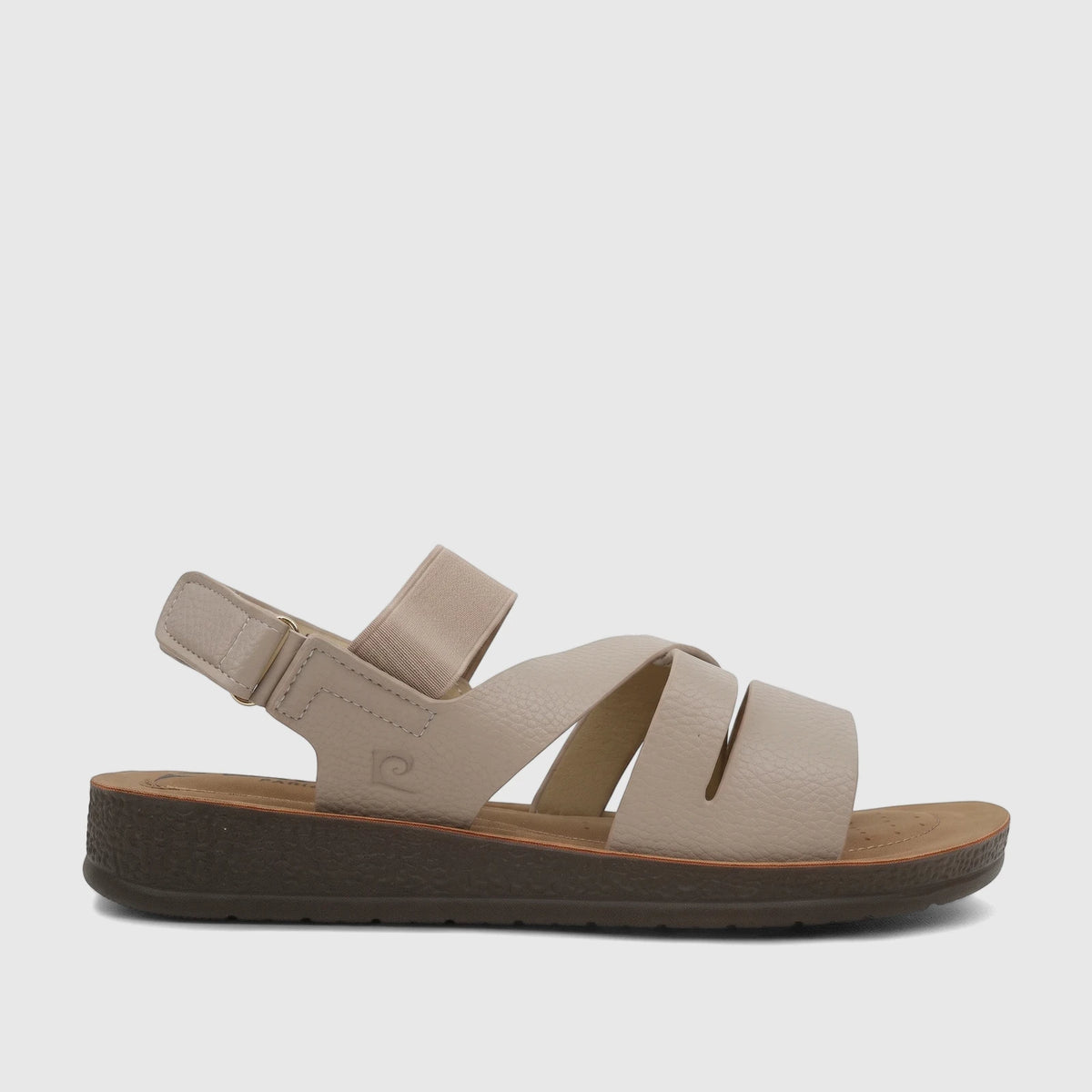 Nude beige PC Ladies Comfort Sandal PCL10976 with criss-cross straps and platform sole, side view.
